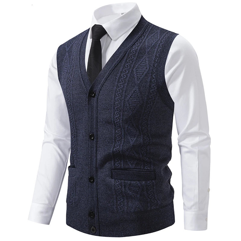 Autumn Winter Warm Slim Fit Knit Vests Men VNeck Solid Color Smart Casual Knitted Waistcoat Mens Geometric Sleeveless Vest 250107
