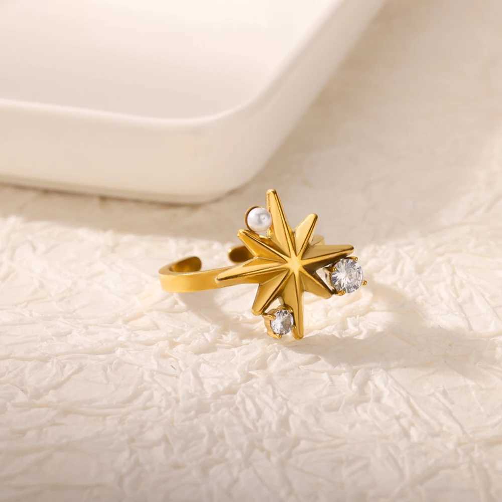 Elegant Zircon Pearl Stainl Steel Gold Plated Ring for Women Open Adjustable Star Geometry Jewelry Accory Tren 2025 NewXJ250110
