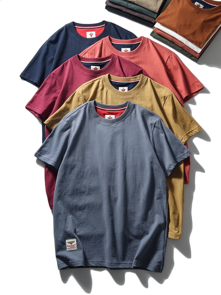 Summer American Retro Short Sleeve Oneck Solid Color Tshirt Mens Fashion 100% Cotton Washed Casual Terry Cloth Tops 250108