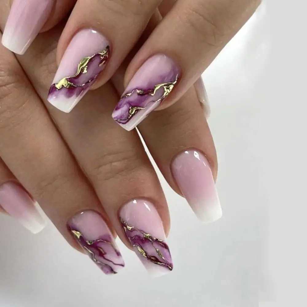 Unique Halo Staining Purple Gold Lines T-shape Nail Tips Square Head French Fake Nails Medium Length Ballerina False NailXJ250110