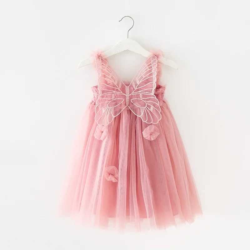 2025 New Summer Childrens Clothing Girl Princess Birthday Dress Bow Wing Fairy Strap Butterfly Mesh Dress W250111