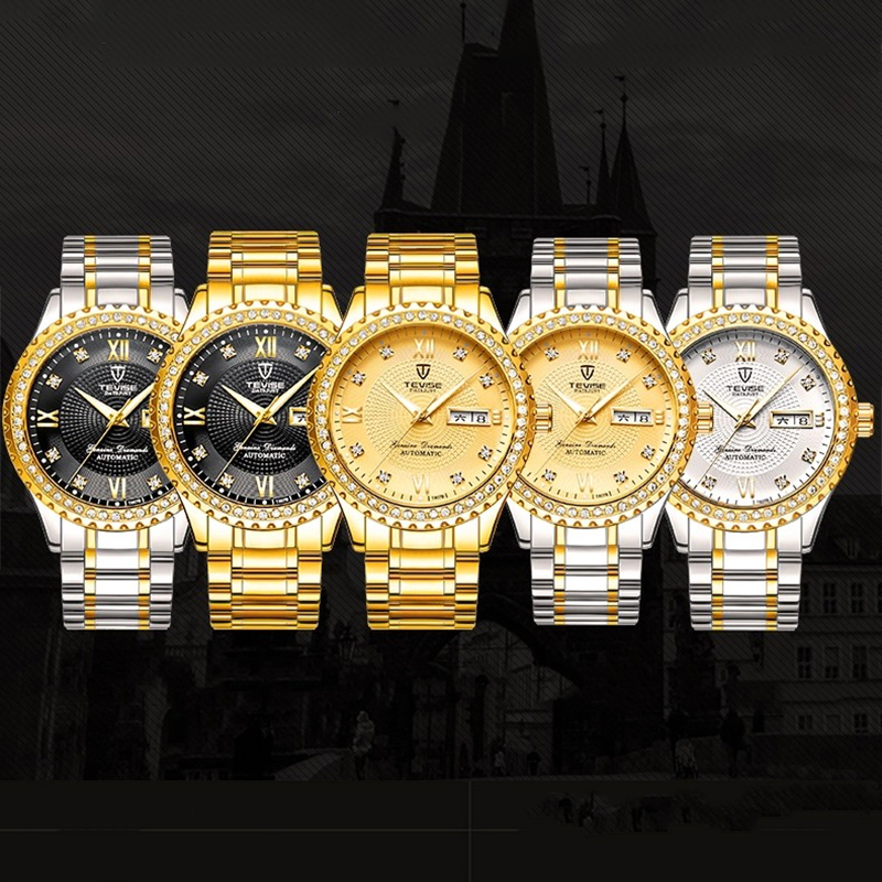 TEVISE Automatic Quartz Watch Designer Diamond-encrusted Waterproof Watch with Day and Date Display for Both Men and Women WristWatch T049-T807B