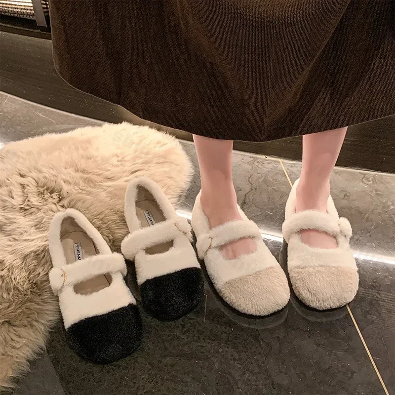 Fashion Square Toe Fluffy Ballet Flats Woman 2025 Winter Warm Plush Loafers Ladies Comfort Fur Mary Jane Shoe Zapatos 250106