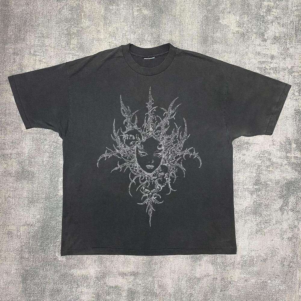 Inspiration American Street Short Sleeve Dark Thread Printed Vintage Round Neck Top T-shirt Summer