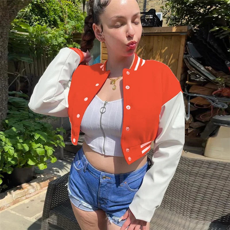 Fashion Leather Varsity Jacket Women Hipster Patchwork Autumn Casual Sporty Pink Streetwear Uniform Trend Crop Tops Coats 250109