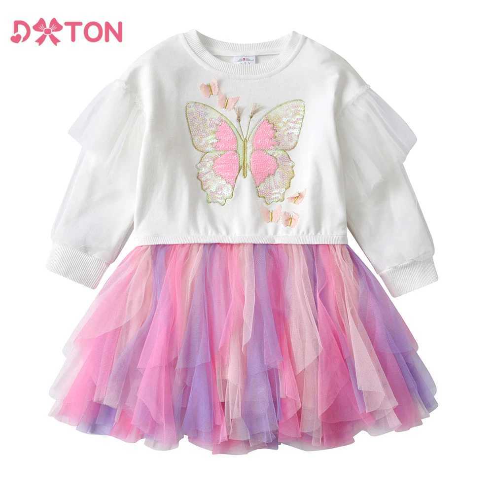 DXTON autumn sweater girl dress chiffon ruffled princess dress butterfly sequin patch work childrens dress childrens thick clothes W250111