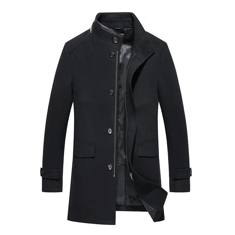 Autumn Mens Wool Blend Coat Long Thick Warm Woolen Stand Collar Waterproof Dark Blue Jacket Plus Size Casual Winter Overcoat Men 250106