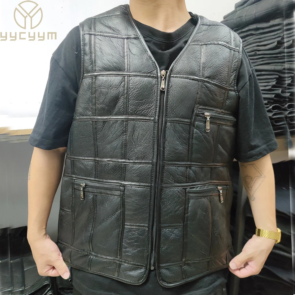 2024 Real Sheepskin Genuine Leather Vest Men Black Waistcoat Male Sleeveless Jacket Thick Motorcycle Multi Pocket Zipper 250107