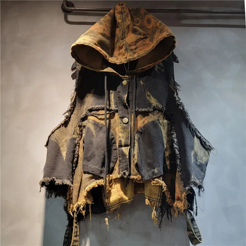 YEAE womens personality trendy cool old print splicing denim hooded vest Harlan pants two-piece fashion suit 250109