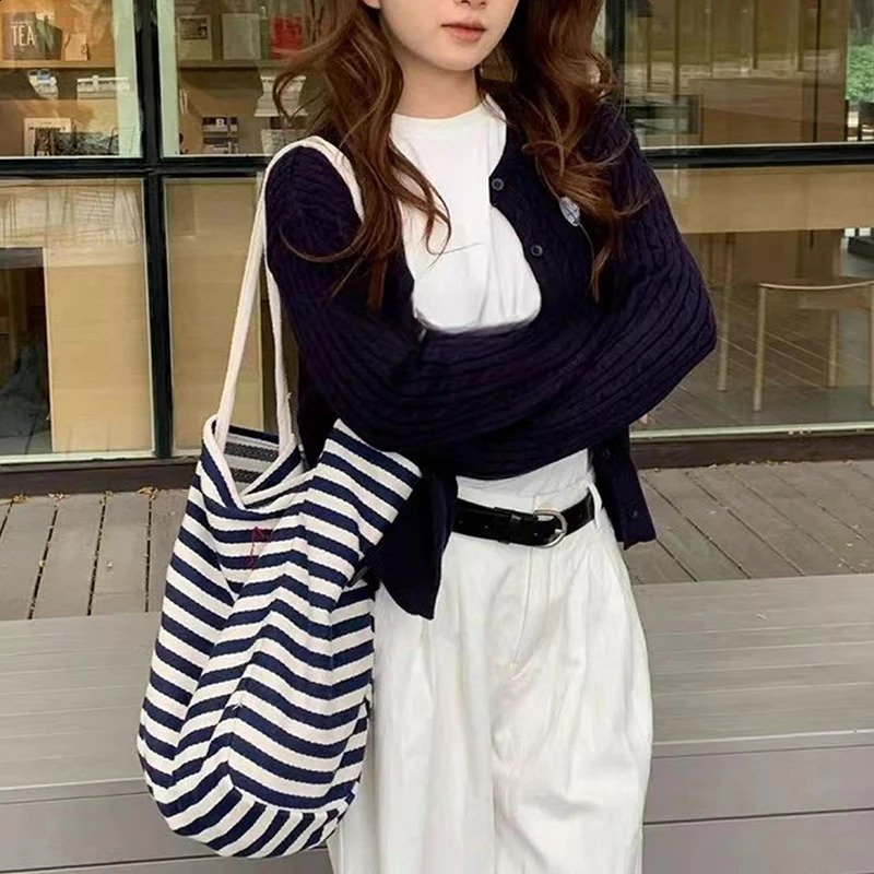 Striped Canvas Bag Large Capacity Single Shoulder Shopping Bag Tote Bag 250106