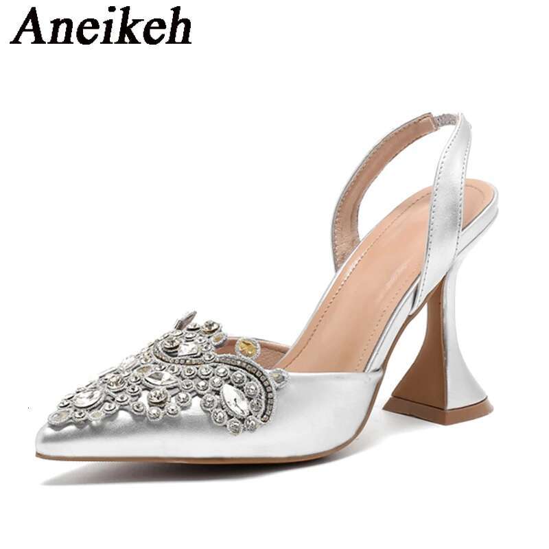 Aneikeh Strange Style Pointed Toe High Heels Mules Sandals Summer Fashion Crystal Rhie Party Wedding Banquet Shoes Pumps