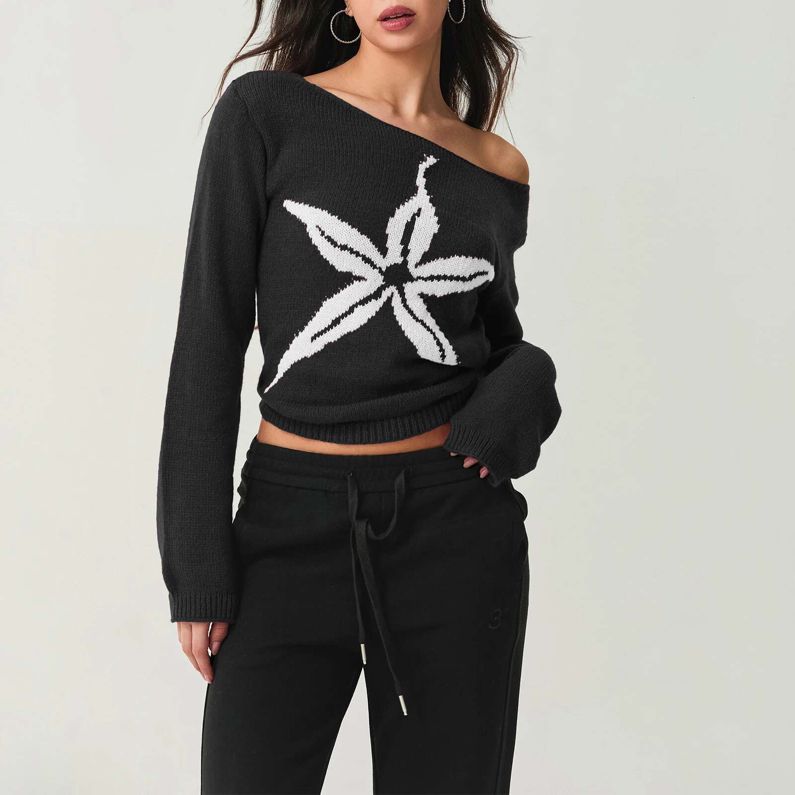 Vintage Graphic Print Off Shoulder Sweater Women's Long Sleeve Knit Tops Haruku Streetwear Grunge Slim Fit Cropped Jumpers