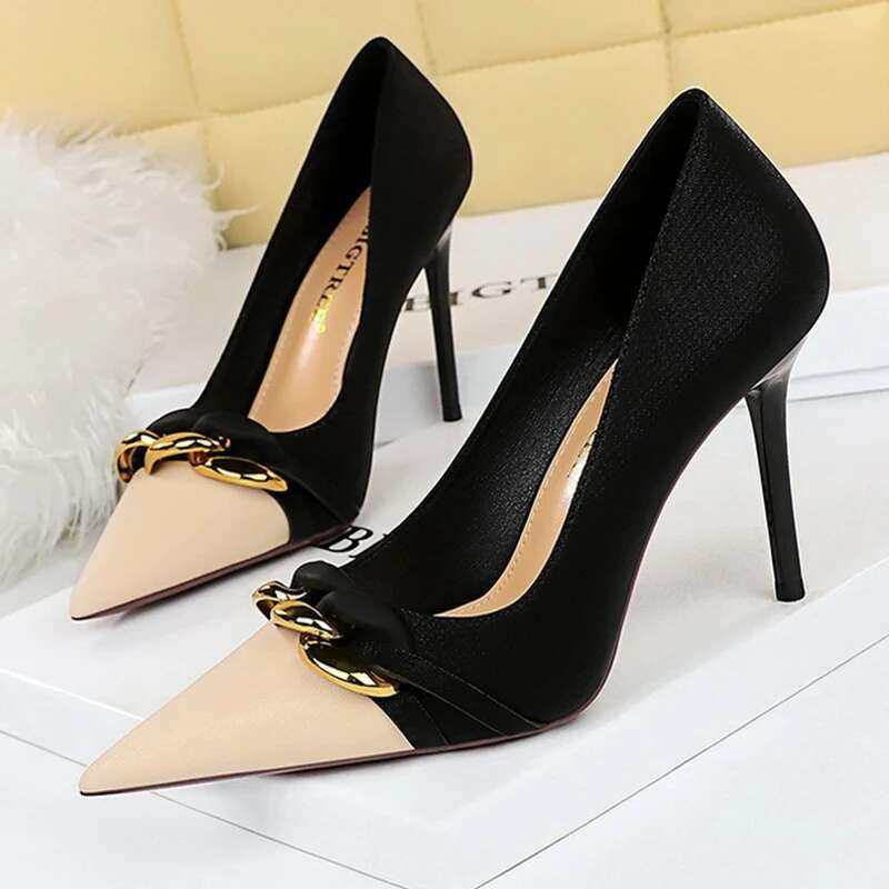Banquet High Slim Heels, Light Cut, Shoes, Single Shoes Color Blocked, Pointed Metal Chain Decoration, Women's