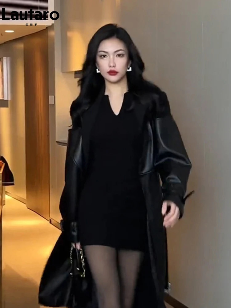 Lautaro Autumn Long Black Patchwork Pu Leather Trench Coat for Women Double Breasted Loose Stylish Clothing 2023 250103