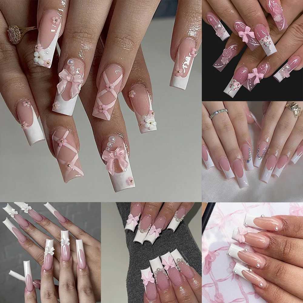 24pcs Long Ballerina Fake Nails Blue Crystal Flowers Pink Bow French False Nails Full Cover Press on Nails DIY DetachableXJ250110