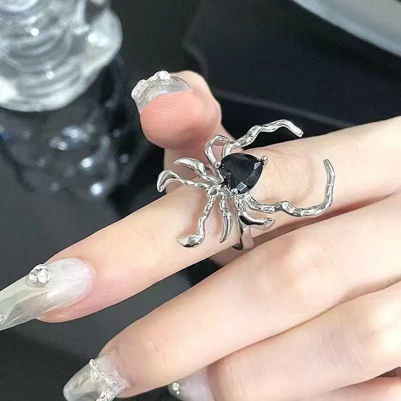 Gothic Irregular Spider Web Zircon Ring Punk Black Crystal Grenge Ring Dark Spider Animal Gothic Womens Jewelry Open Ring W250111