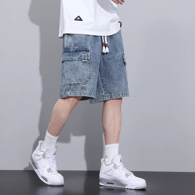 Summer mens loose denim shorts blue grey streetwear straight elastic waist brushed fashionable casual shorts mens style 250109