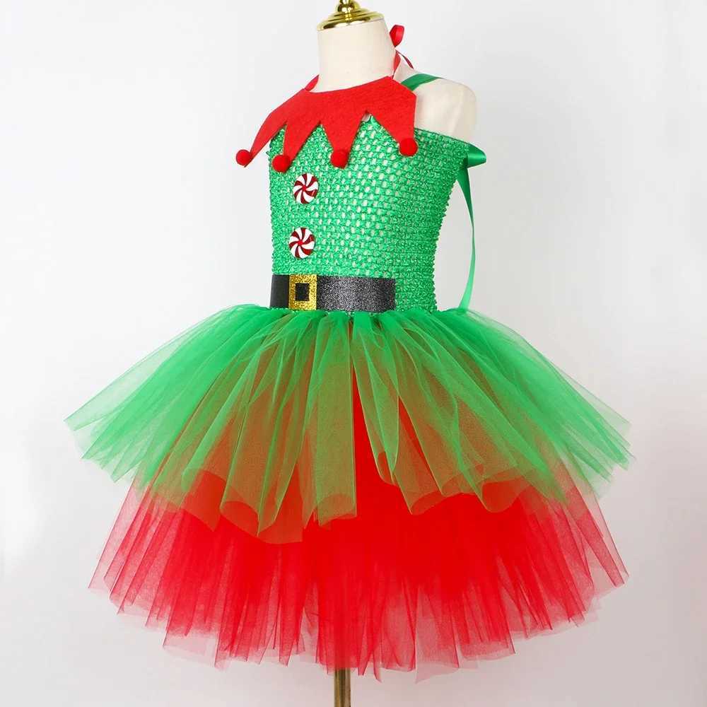Girls Christmas elf costume childrens fancy Christmas costume set green and red childrens Christmas Par grid chiffon Tutu dress W250111