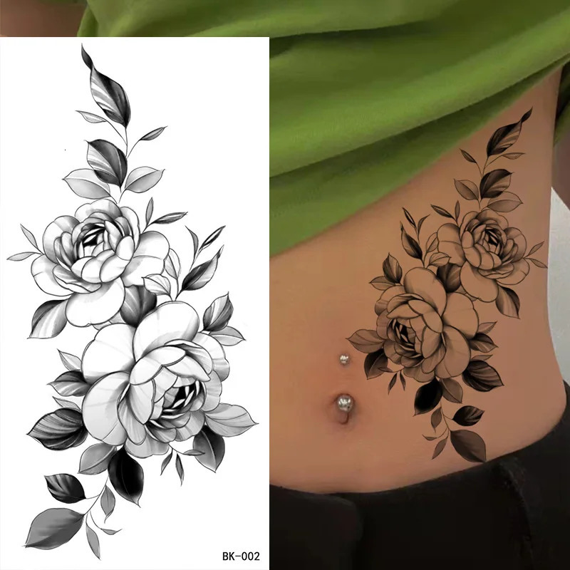 Large Size Black Flower Pattern Tattoo Sticker for Women Dot Rose Peony Temporary Tattoos DIY Water Transfer Girls 241230