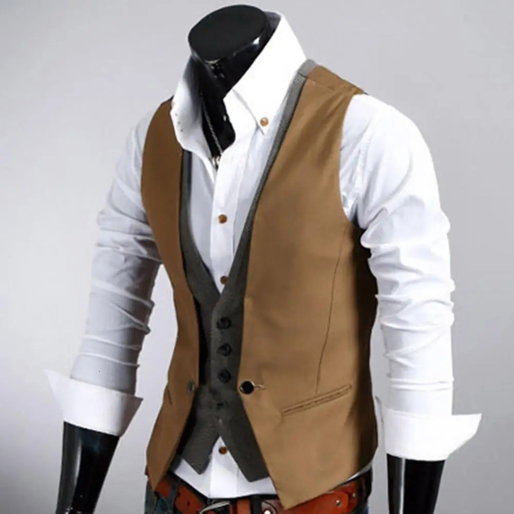 Men Formal Waistcoat Vest Business Solid Color Single Button gilet Twopieces V Neck Casual Slim chalecos para hombre y250107