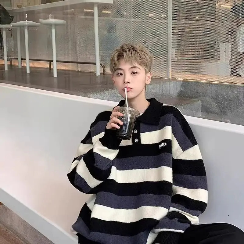College style polo neck knitted sweater for men and women autumn and winter retro striped lazy style sweater trend Y2K 250109