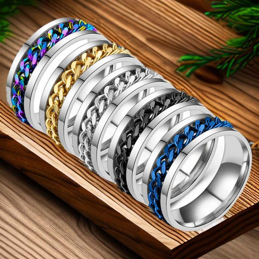 Anxiety Fidget Spinner Mood Rings 8mm Male Stainl Steel Spinning Rotating Cuban Chain Ring for Men Punk Anti Str JewelryXJ250110