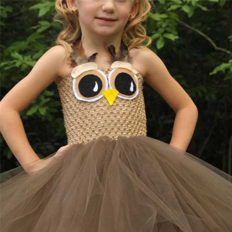 Cute girl coffee owl animal feather Tutu dress children crochet chiffon dress children role-playing bar costume W250111