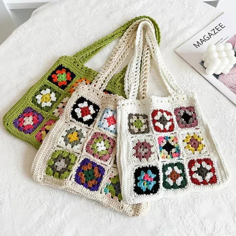 Women Boho Woven Tote Summer Beach Handbag Floral Handmade Weaving Shoulder Bags Hand Crochet Bag Flower Stitching Shopper 250107