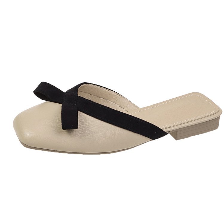 Women Slippers Flat Bottom New Fashion Bow Design Korean Version Outdoor Wear Square Toe Triple Beige Apricot Free shipping