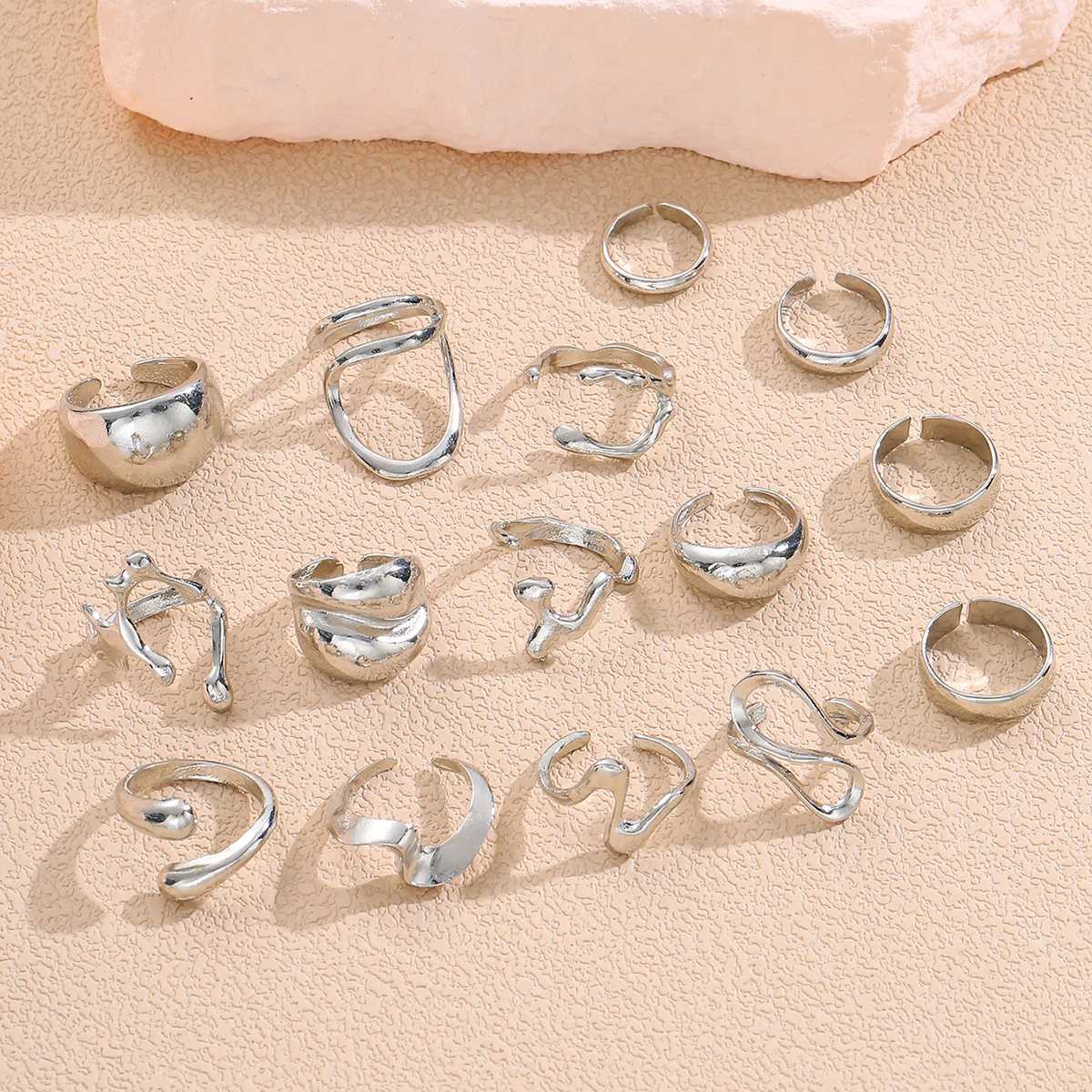 15Pcs Punk Smooth Geometric Open Rings Set For Women Exaggerated Irregular Silver Color Thick Chunky Ring Hip Hop Jewelry GiftsXJ250110