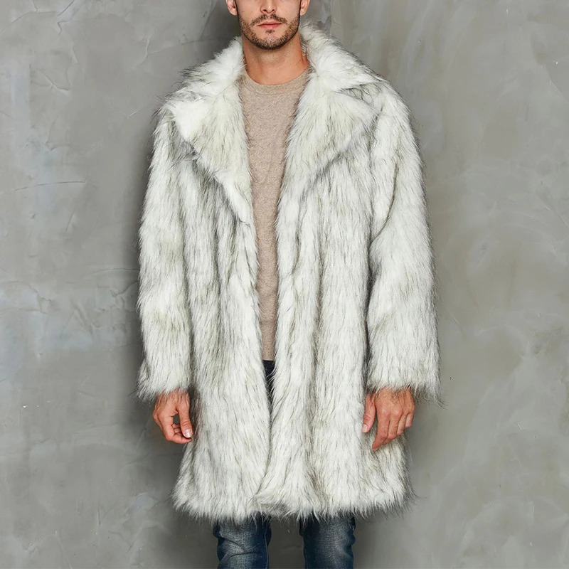 YILEEGOO Men Winter Faux Fur Coat Long Sleeve Lapel Collar Open Front Fluffy Jacket Outwear 250107