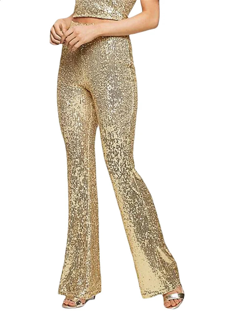 Women Sequin Pants Spring Autumn Flared High Waist Bodycon BellBottom Trousers 250106