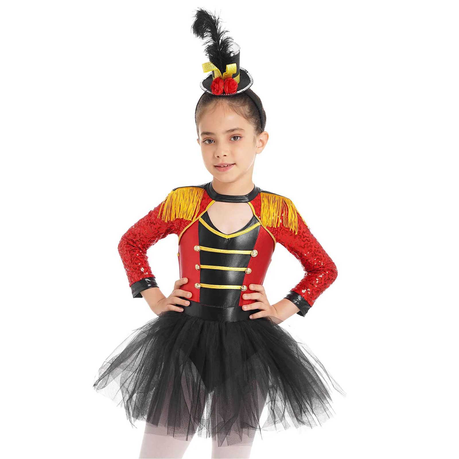 Childrens girl circus Ringmaster magic costume long sleeved sequined tight fitting Tutu dress Halloween lion taming theme Par role-playing set W250111