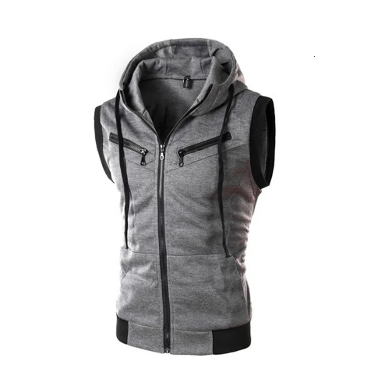 2023 SpringSummer Mens Top Hooded Tank Sleeveless Vest Solid Casual Hoodie Pocket Zipper Coat 250107