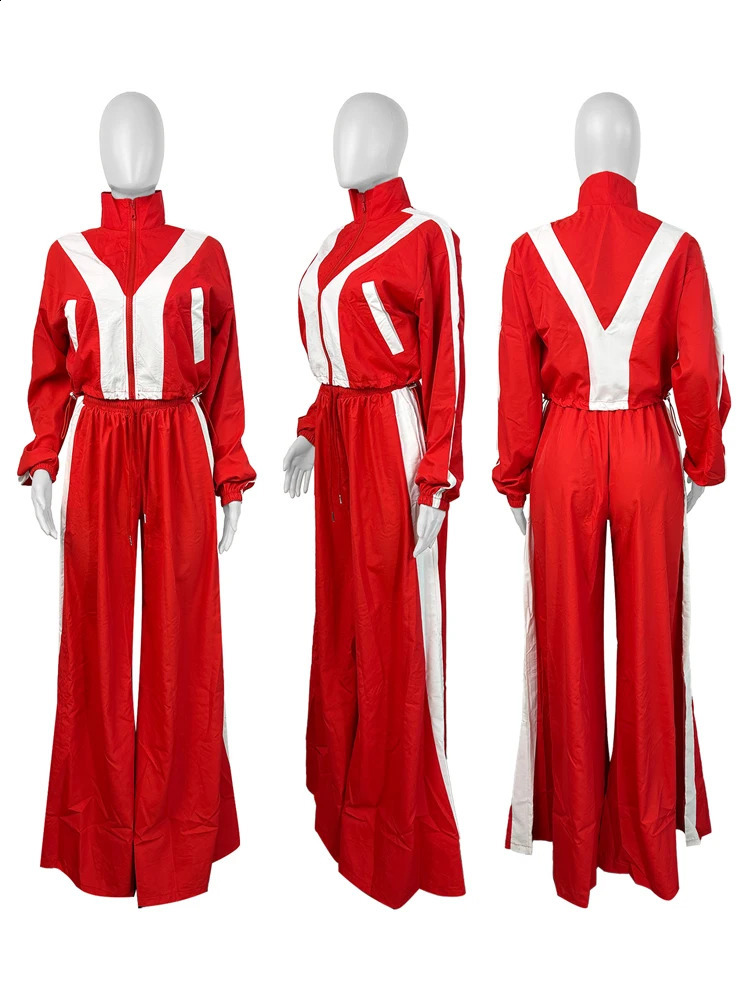 Color Contrast Women Sets Loose Casual Zip Up Jacket with High Waist Drawstring Wide Leg Pants Suit Street Sweatsuit 2 Piece Set 250109