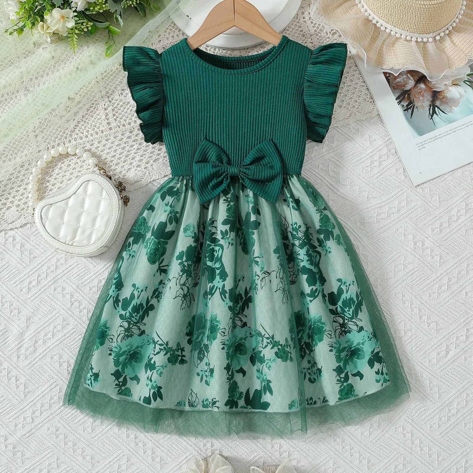 2025 New Womens and Childrens Clothing Green Summer Short sleeved Purple Princess Dress Par Baby Dress Childrens Fashion 1-8Y W250111