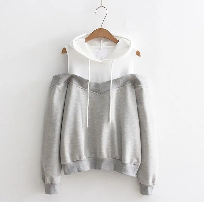 Autumn fashion Strapless shoulder fake two-piece hooded sweatshirt women 250106