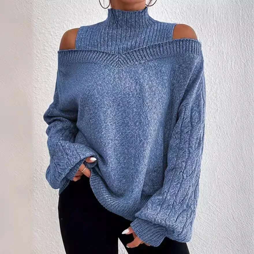 Mandylandy Off Shoulder Sweaters Semi-Turtleneck Jumpers Pullovers Loose Large Long Sleeve Knitted Sweater For Women