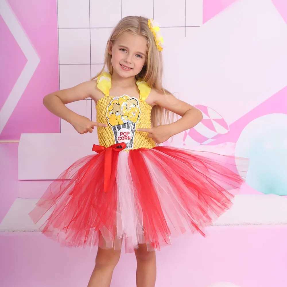 Circus Popcorn Girl Tutu Dress Childrens Birthday Costume Photo Props Preschool Princess Food Dress Halloween Costume W250111