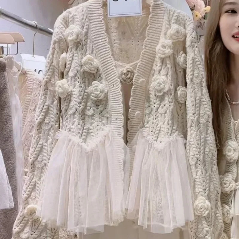 3D Flowers Crocheted Mesh Ruffles Stitching Sweater Coat Gauze Ruched Spliced Hooked Knitted Cardigan KnitwearCamis 2pcs Women 250106