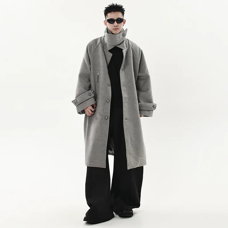 PFNW Vintage Highemd Gray Detachable Stand Collar Tweed Coat Mens Loose Silhouettes Long Casual Woolen Overcoat CPG2233 250106
