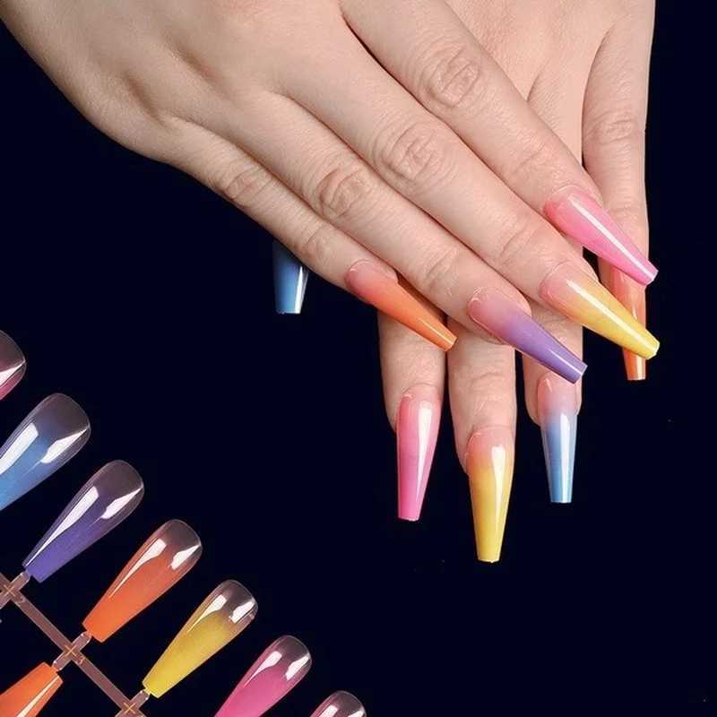24pcs/bag Long Coffin Fake Nails Rainbow Ballerina Full Cover Nail Art Tips Beauty Artificial False Nails Manicure CharmsXJ250110