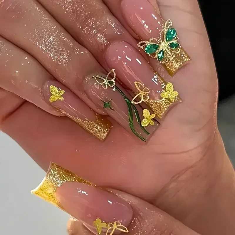 24Pcs Green French Fake Nails with Diamond Gold Butterfly False Nails Elegant Acrylic Artificial Nails Wearable Long Square NailXJ250110