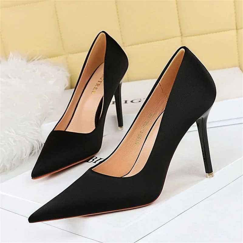 New Arrival BIGTREE Spring Fashion Simple Matching High Heels Ultra Thin High Heels Shallow Mouth Pointed Party Striptease Satin Womens Sngle Shoes T2