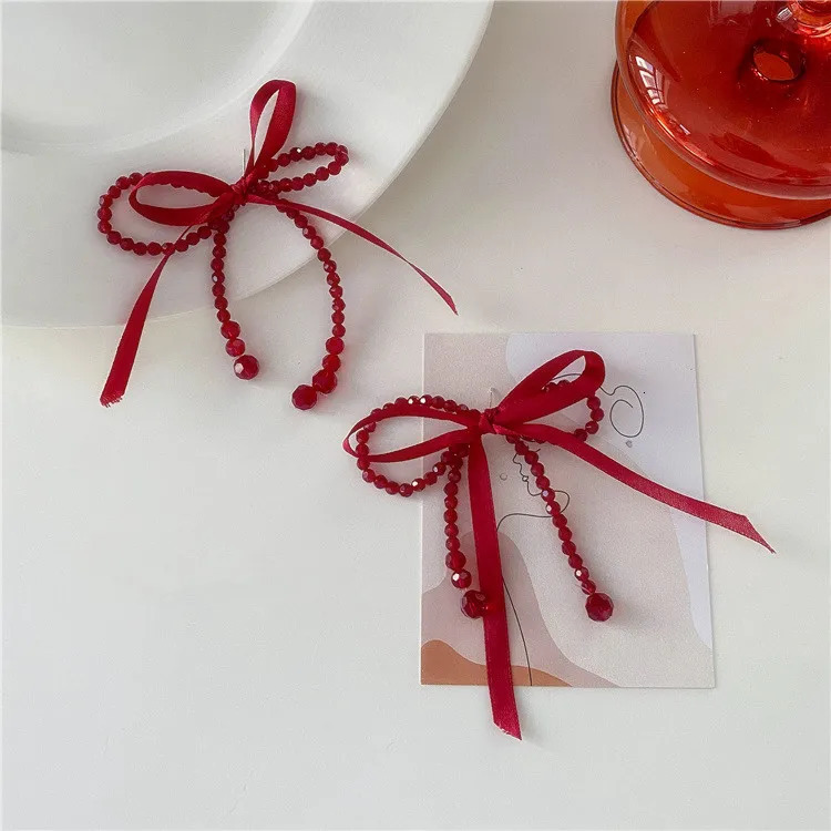 Lucky Red Earrings Personalized Large Ribbon Crystal Knot tassel Long Pendant Earrings Korean Style 250110
