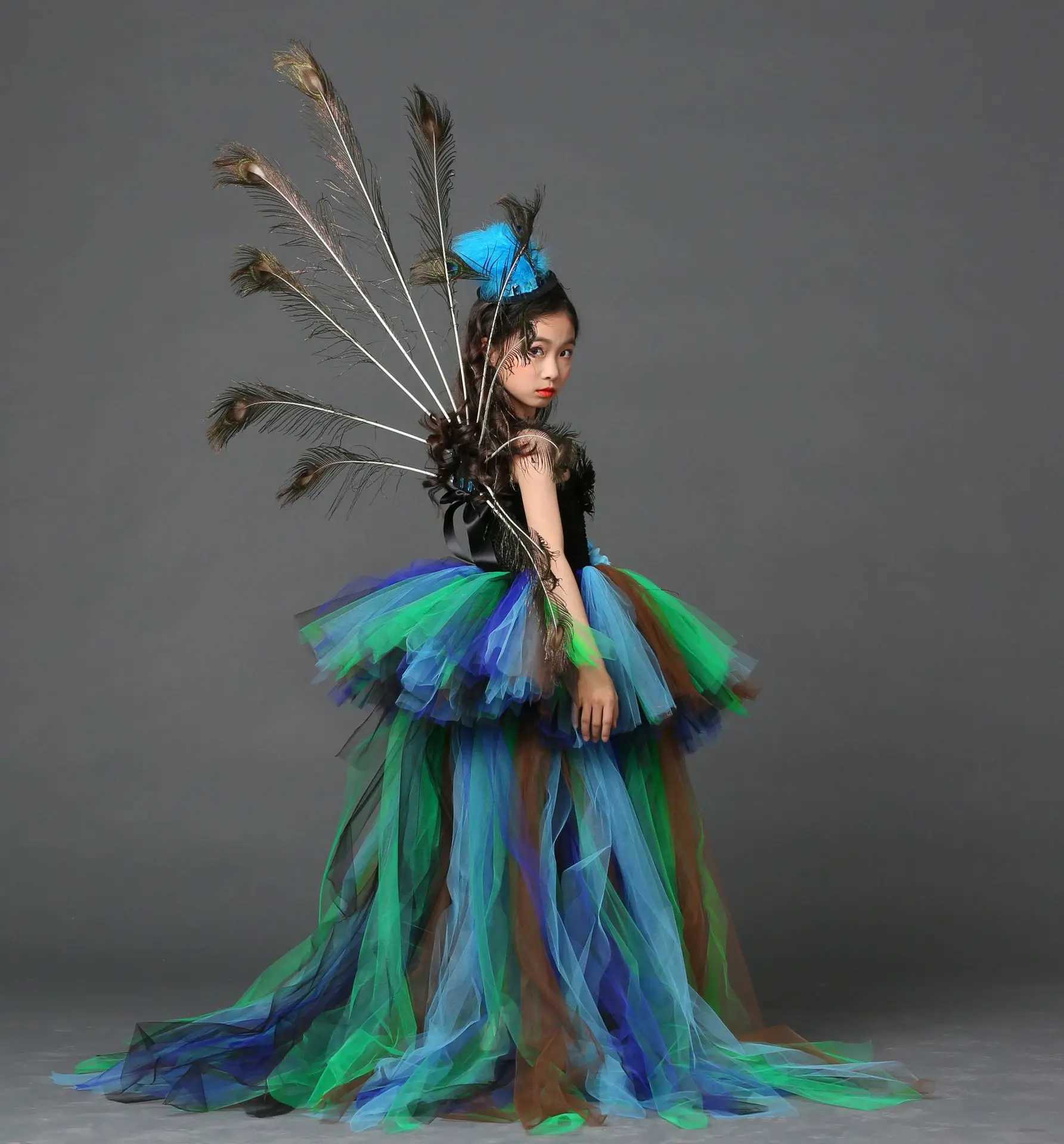 POSH DREAM Girl Peacock Flower Par Tutu Halloween Dress with Train Tulle Peacock Princess Childrens Par Evening Dress W250111