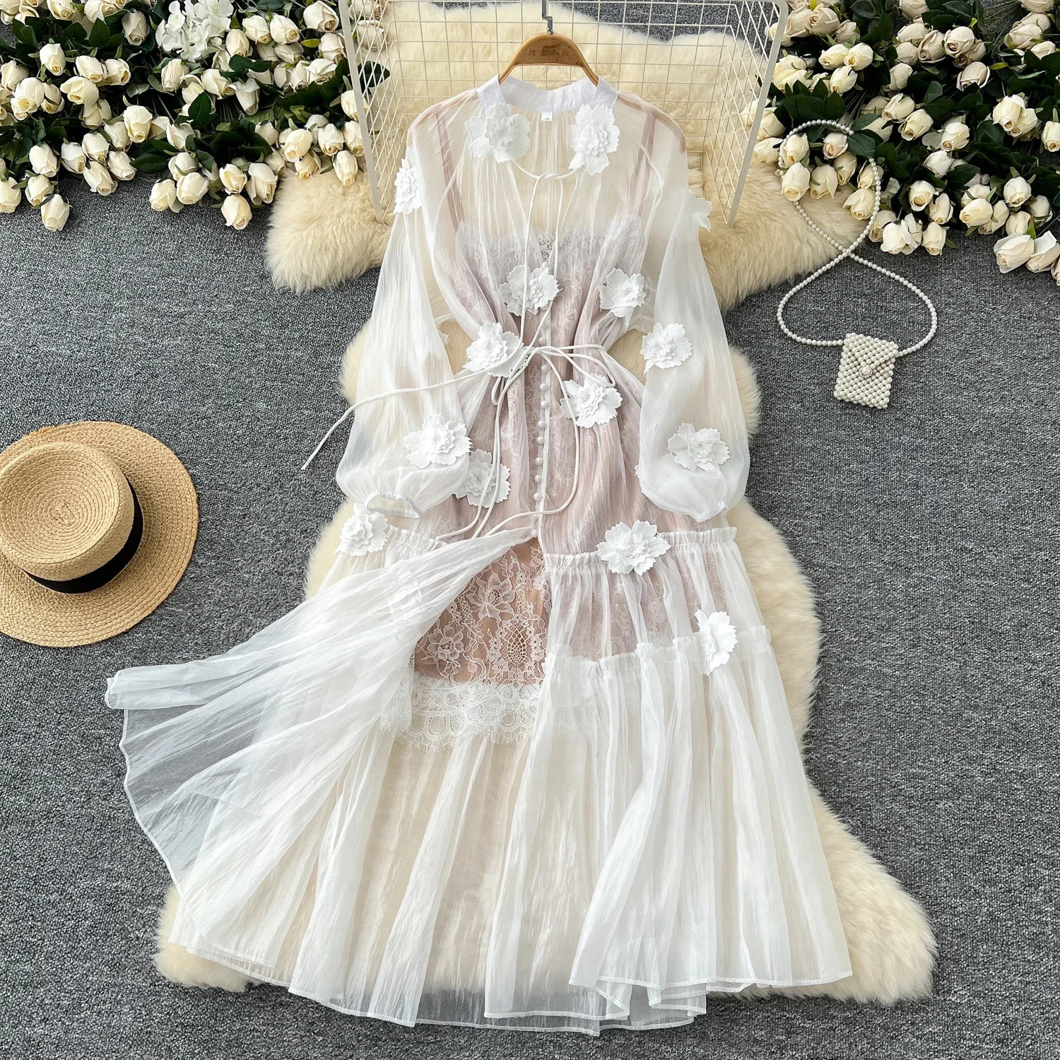 Fashionable womens two-piece retro 3D floral single chest mesh dress for vacation and high street shoulder strap dress 250110
