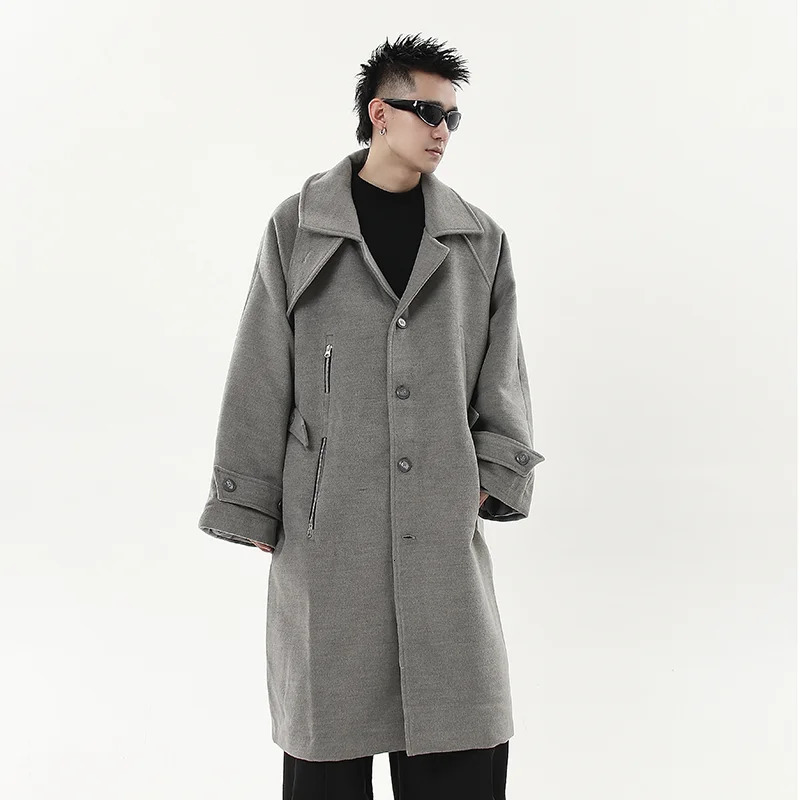 PFNW Vintage Highemd Gray Detachable Stand Collar Tweed Coat Mens Loose Silhouettes Long Casual Woolen Overcoat CPG2233 250106