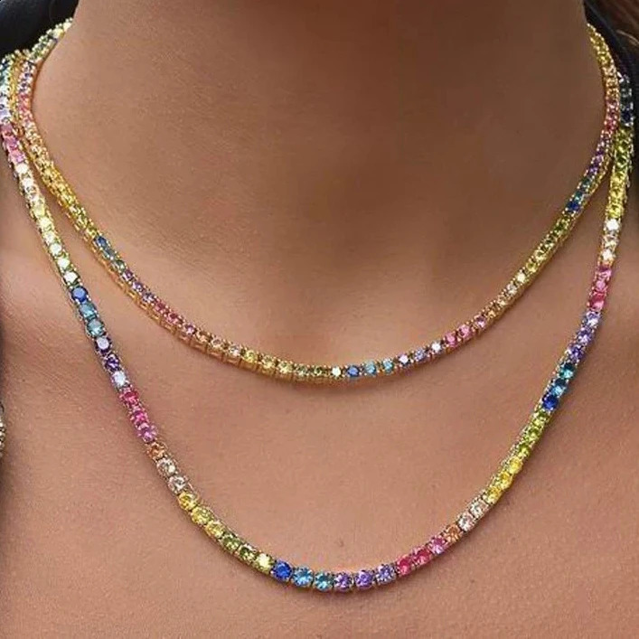 High Quality Rainbow Full 4mm Cz Paved Tennis Chain Choker Necklaces For Women Charm Gold Color Hip Hop Fashion Wedding Jewelry 250107