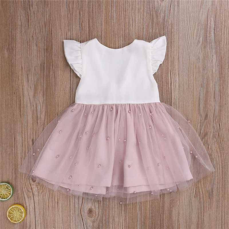0-5Y Summer Princess Baby Dress Ruffle Sleeves Solid Pearl Lace Patchwork Back Bow Knot Tutu Dress W250111